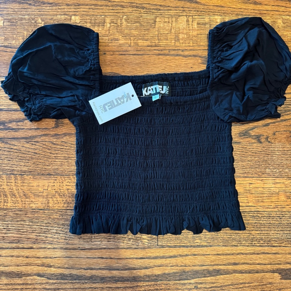 KATIE J NYC TWEEN MARLEE SOLID PUFF SLEEVE TOP -  BLACK - L NWT